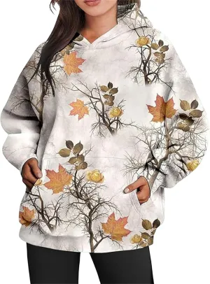 Womens Camo Hoodie Maple Leaf Print Hoodie Cute Oversized Graphic Hoodies Fleece Pullover Sweatshirt Fall Clothes