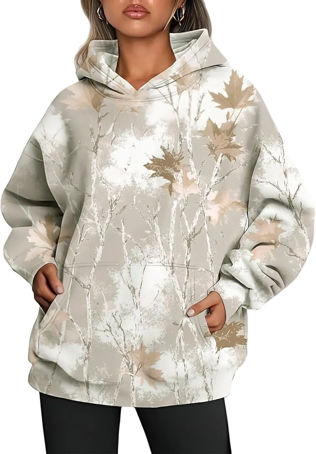 Womens Camo Hoodie Maple Leaf Print Hoodie Cute Oversized Graphic Hoodies Fleece Pullover Sweatshirt Fall Clothes
