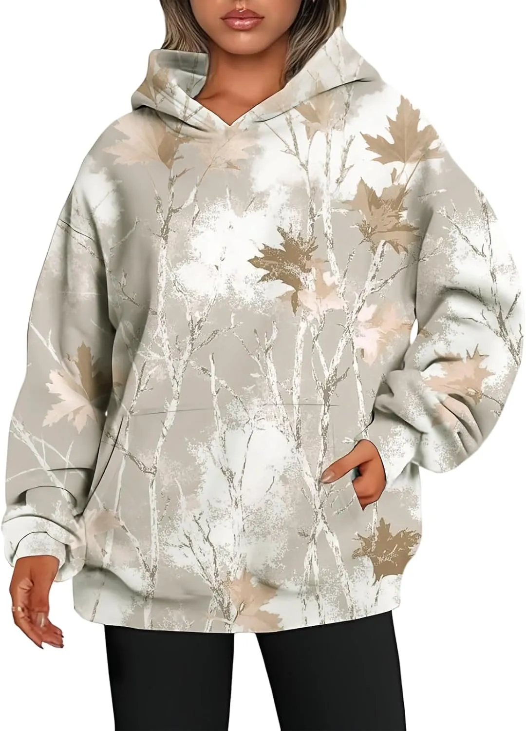 Womens Camo Hoodie Maple Leaf Print Hoodie Cute Oversized Graphic Hoodies Fleece Pullover Sweatshirt Fall Clothes