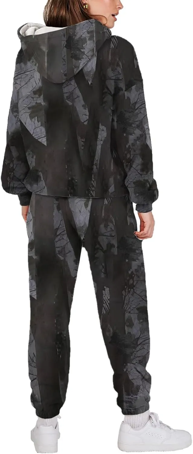 Women's Camo Sweatsuit Set - 2 Piece: Oversized Maple Leaf Print Hoodie & Sweatpants