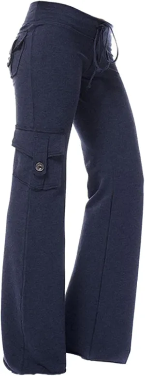 Womens Cargo Pants High Waist Wide Leg Pants with Pockets Casual Button Stretch Yoga Workout Leggings Gym Sweatpants