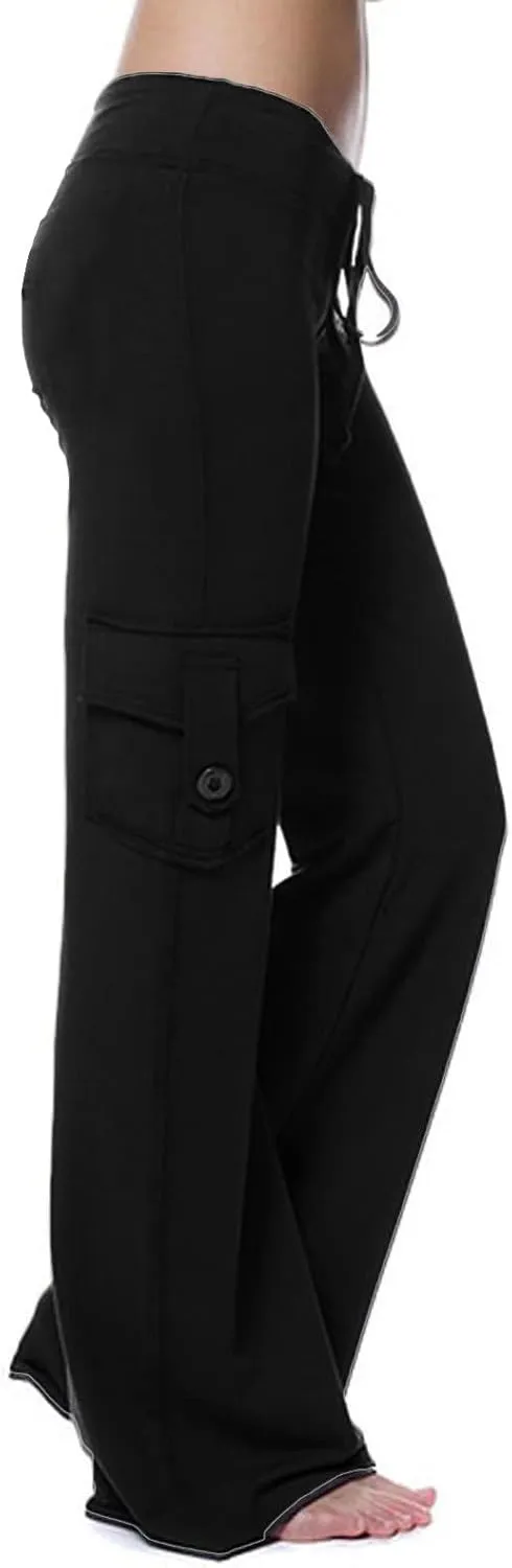 Womens Cargo Pants High Waist Wide Leg Pants with Pockets Casual Button Stretch Yoga Workout Leggings Gym Sweatpants