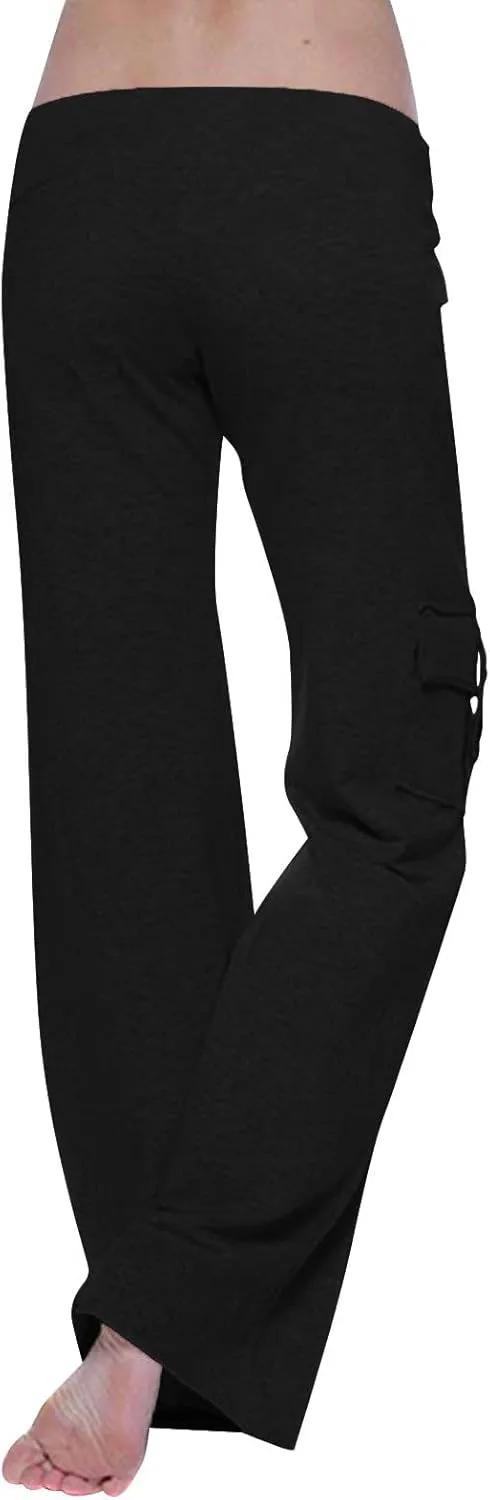 Womens Cargo Pants High Waist Wide Leg Pants with Pockets Casual Button Stretch Yoga Workout Leggings Gym Sweatpants
