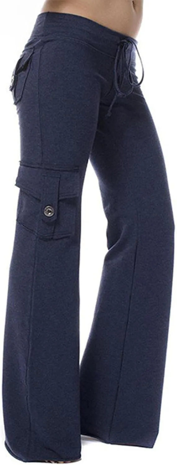 Womens Cargo Pants High Waist Wide Leg Pants with Pockets Casual Button Stretch Yoga Workout Leggings Gym Sweatpants