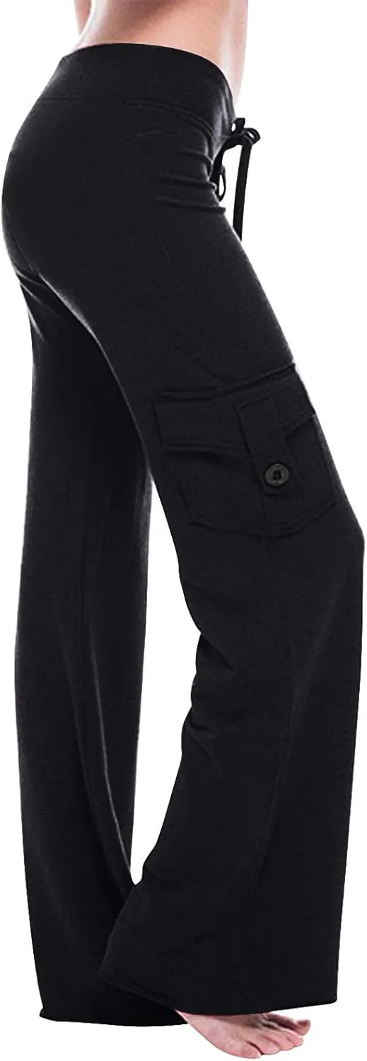 Womens Cargo Pants High Waist Wide Leg Pants with Pockets Casual Button Stretch Yoga Workout Leggings Gym Sweatpants