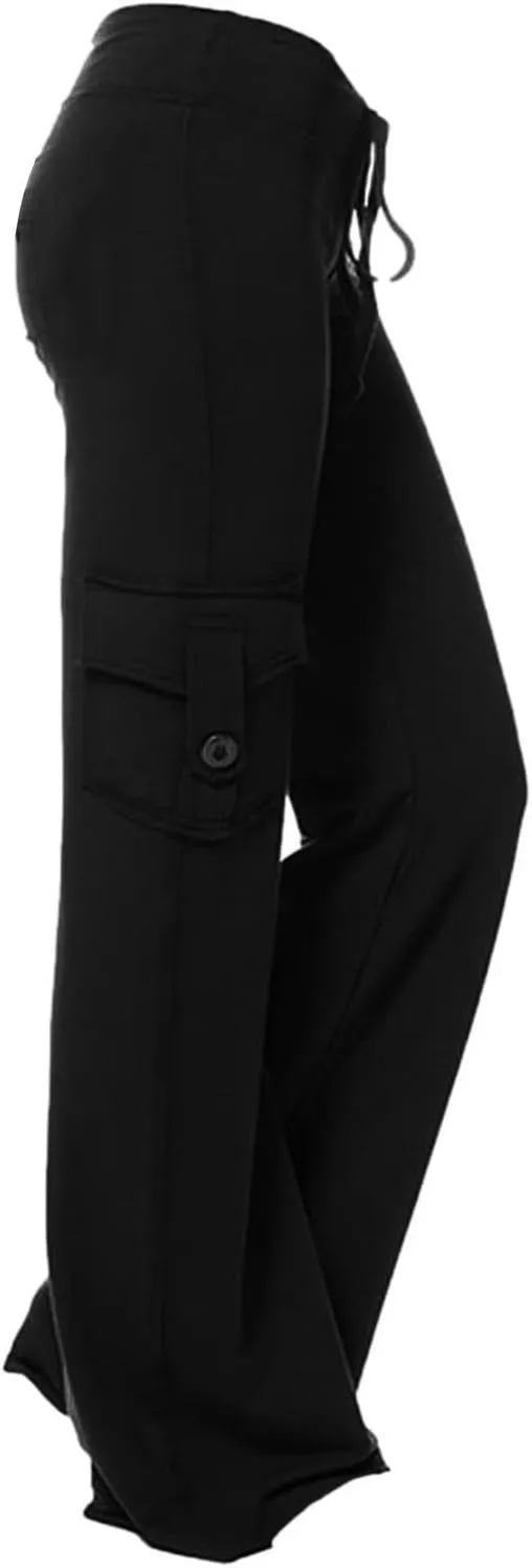 Womens Cargo Pants High Waist Wide Leg Pants with Pockets Casual Button Stretch Yoga Workout Leggings Gym Sweatpants