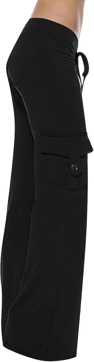 Womens Cargo Pants High Waist Wide Leg Pants with Pockets Casual Button Stretch Yoga Workout Leggings Gym Sweatpants