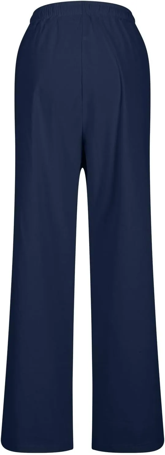 Womens Casual Cotton Pants Straight Leg Business Causal Slacks High Waist Drawstring Loose Fit Summer Beach Trousers
