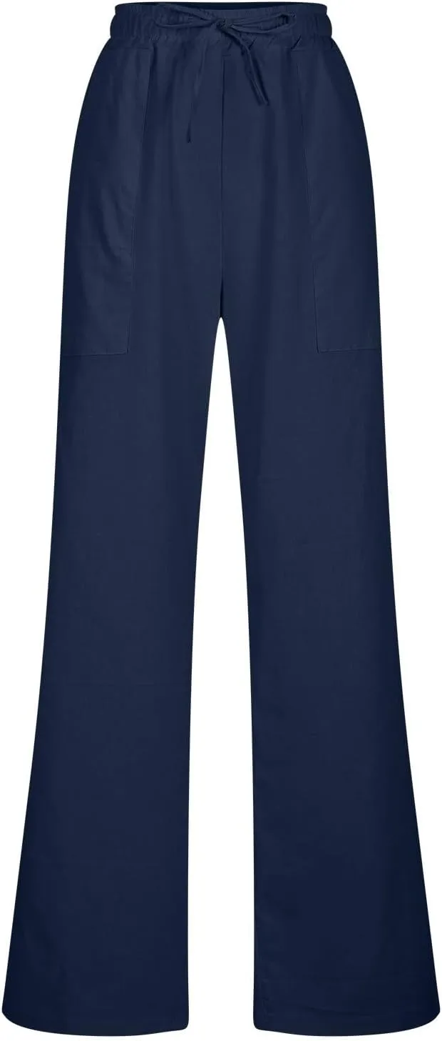 Womens Casual Cotton Pants Straight Leg Business Causal Slacks High Waist Drawstring Loose Fit Summer Beach Trousers
