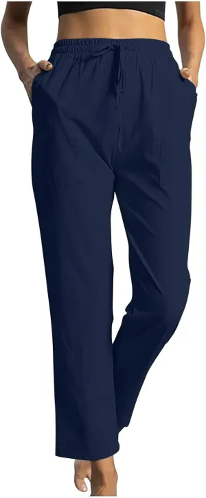 Womens Casual Cotton Pants Straight Leg Business Causal Slacks High Waist Drawstring Loose Fit Summer Beach Trousers
