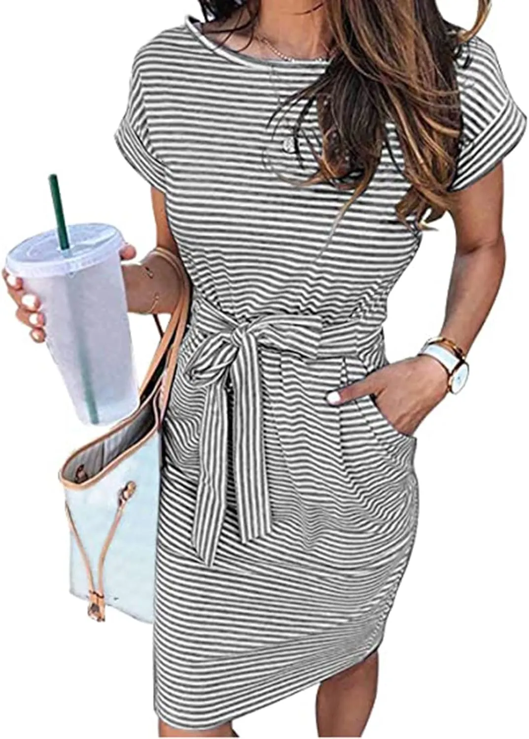 Women's Casual Dresses Fashion Crewneck Mini Dress Summer Striped Short Sleeve T Shirt Dress Tie Waist Work Dresses