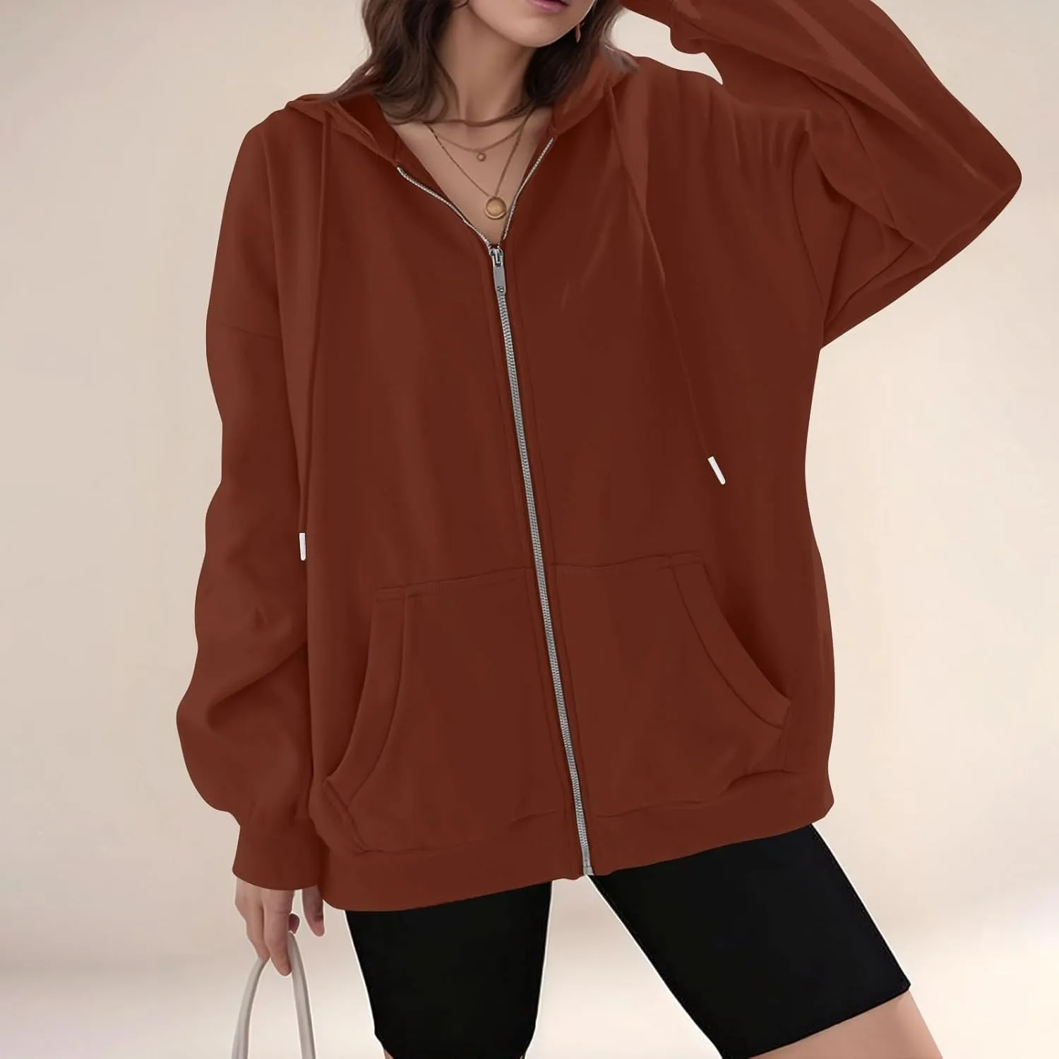 Womens Casual Full Zip Up Hoodies Oversized Long Sleeve Solid Sweatshirts Fall Trendy Comfy Loose Jacket with Pockets