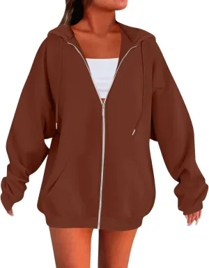 Womens Casual Full Zip Up Hoodies Oversized Long Sleeve Solid Sweatshirts Fall Trendy Comfy Loose Jacket with Pockets