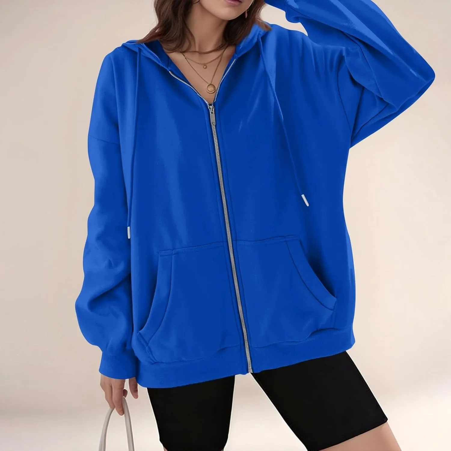 Womens Casual Full Zip Up Hoodies Oversized Long Sleeve Solid Sweatshirts Fall Trendy Comfy Loose Jacket with Pockets