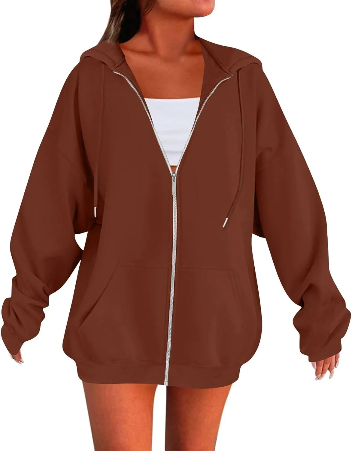 Womens Casual Full Zip Up Hoodies Oversized Long Sleeve Solid Sweatshirts Fall Trendy Comfy Loose Jacket with Pockets