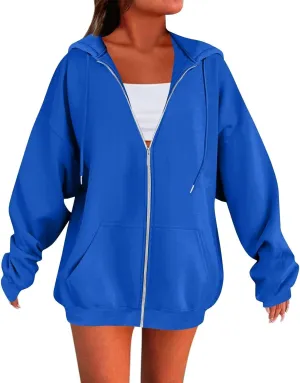Womens Casual Full Zip Up Hoodies Oversized Long Sleeve Solid Sweatshirts Fall Trendy Comfy Loose Jacket with Pockets