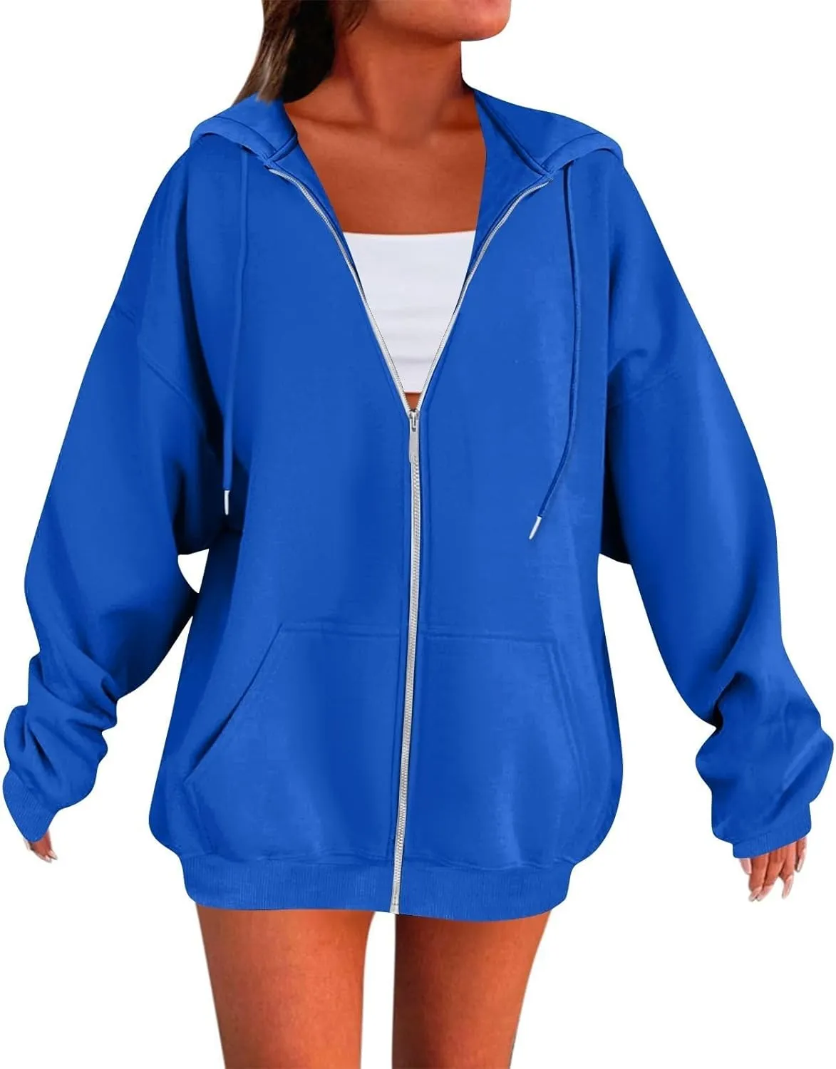 Womens Casual Full Zip Up Hoodies Oversized Long Sleeve Solid Sweatshirts Fall Trendy Comfy Loose Jacket with Pockets