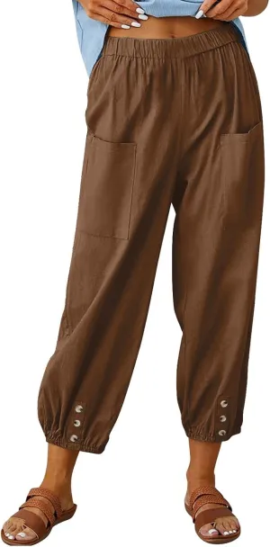 Women's Casual Lantern Tapered Harem Pants High Waist Baggy Cotton Linen Pants Summer Ankle Trousers with Pockets