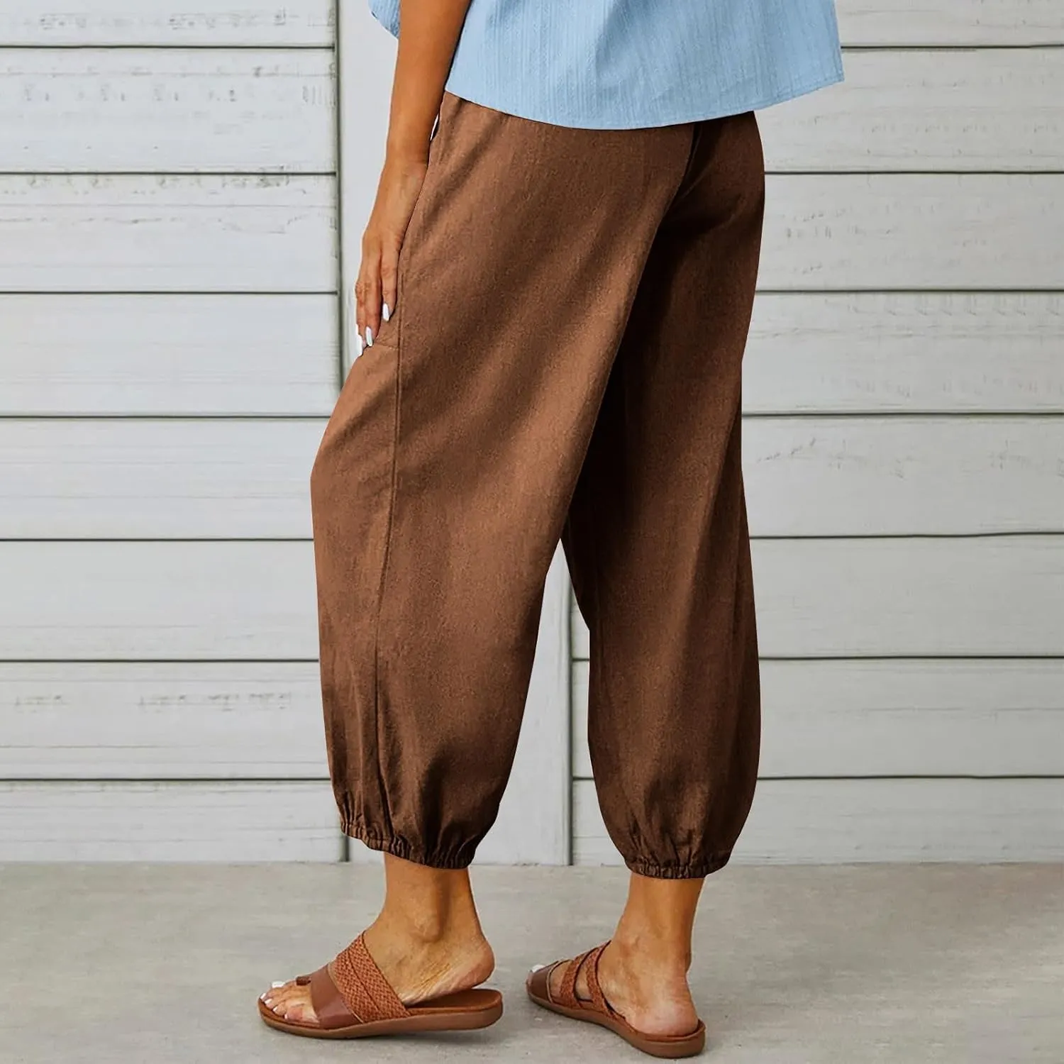 Women's Casual Lantern Tapered Harem Pants High Waist Baggy Cotton Linen Pants Summer Ankle Trousers with Pockets