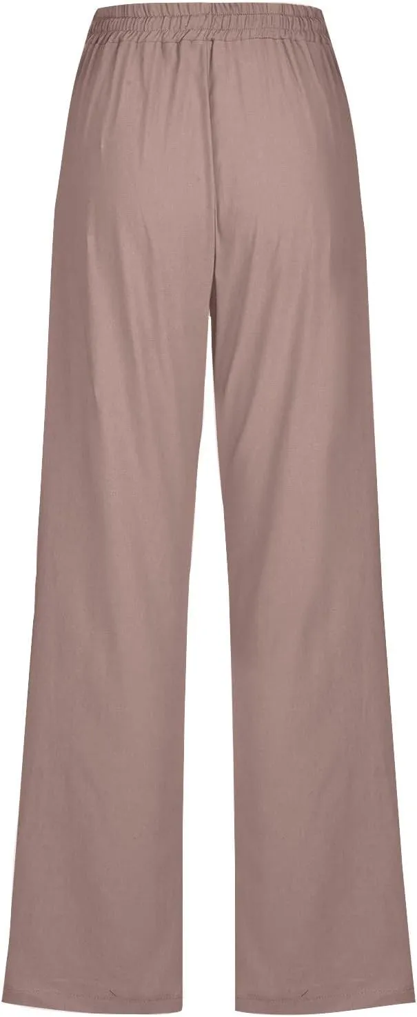 Womens Casual Linen High Waist Pants Plus Size Drawstring Summer Beach Pants Loose Lightweight Trousers with Pockets