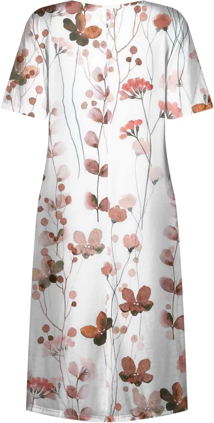 Women's Casual Summer Dresses Short Sleeve Crewneck Sundress Vacation Maxi House Dresses with Pocket