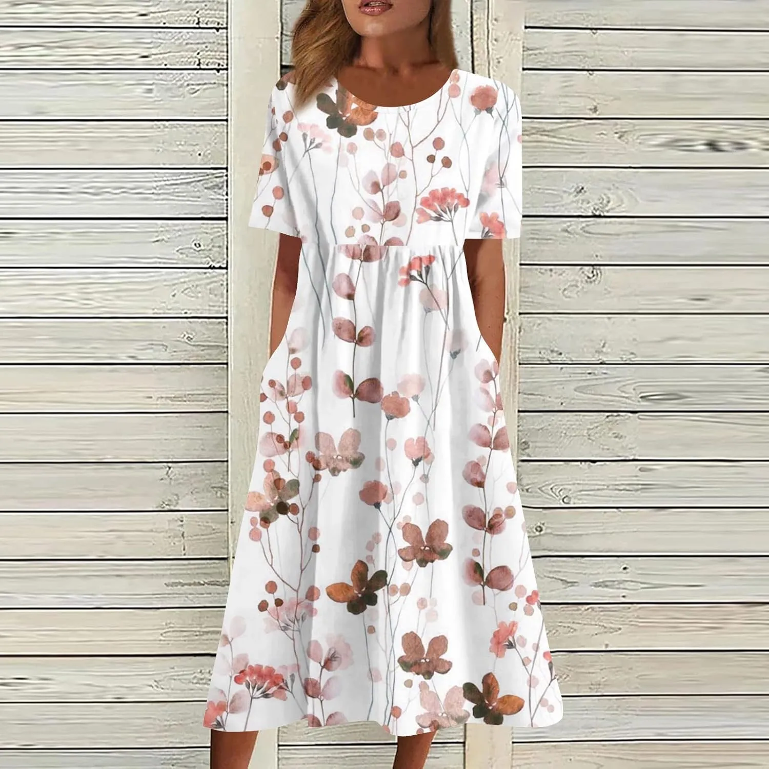 Women's Casual Summer Dresses Short Sleeve Crewneck Sundress Vacation Maxi House Dresses with Pocket