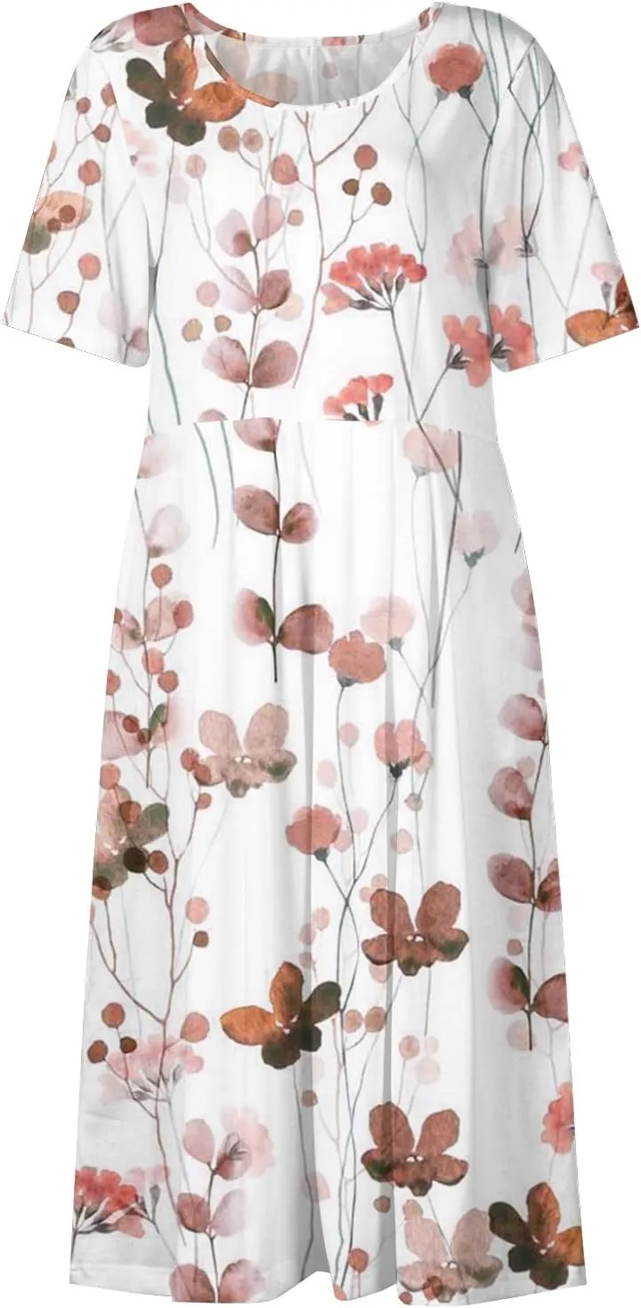 Women's Casual Summer Dresses Short Sleeve Crewneck Sundress Vacation Maxi House Dresses with Pocket