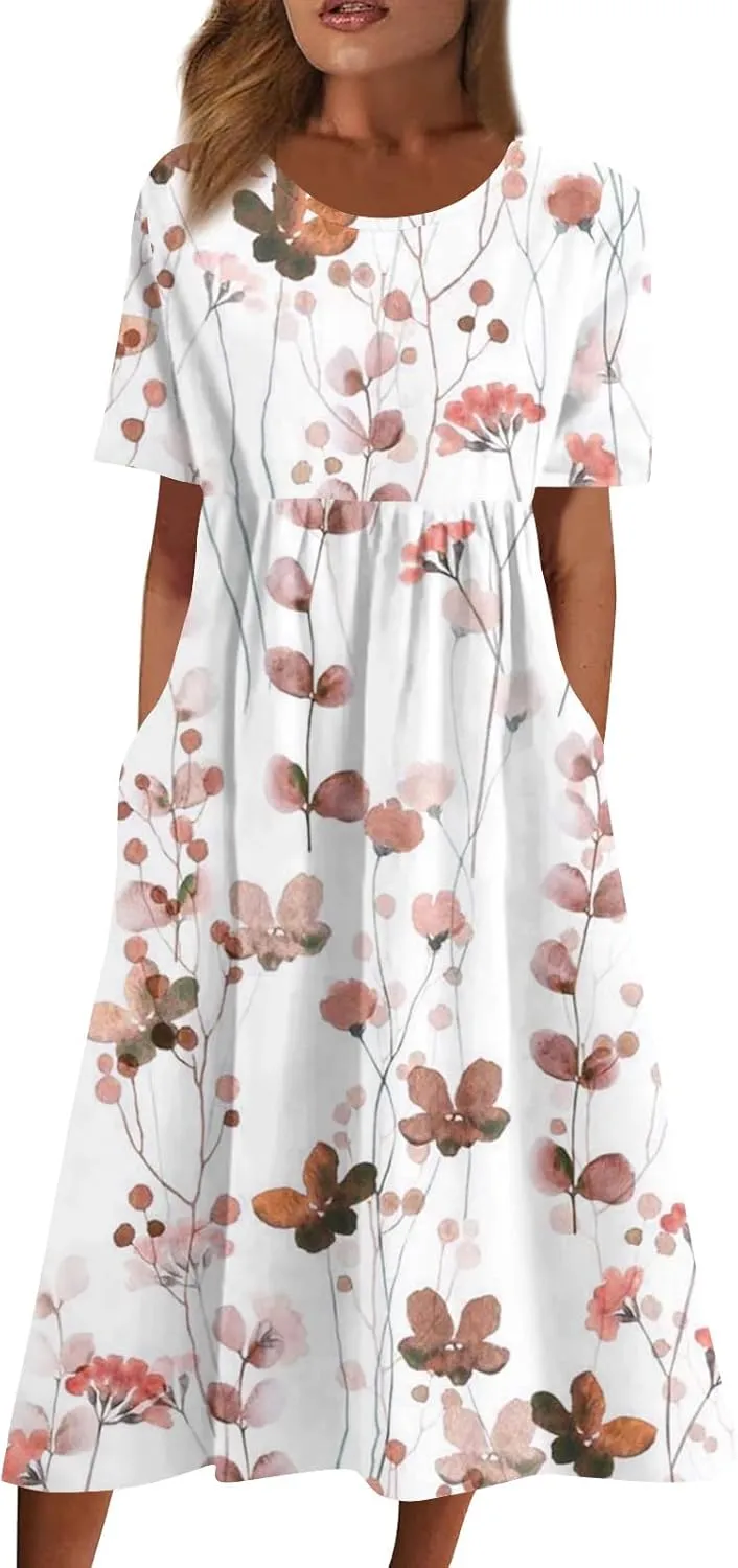 Women's Casual Summer Dresses Short Sleeve Crewneck Sundress Vacation Maxi House Dresses with Pocket