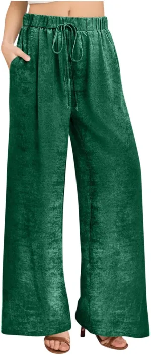 Womens Casual Velvet Palazzo Pants Summer Trendy Wide Leg Pants Elastic High Waist Drawstring Trousers with Pockets