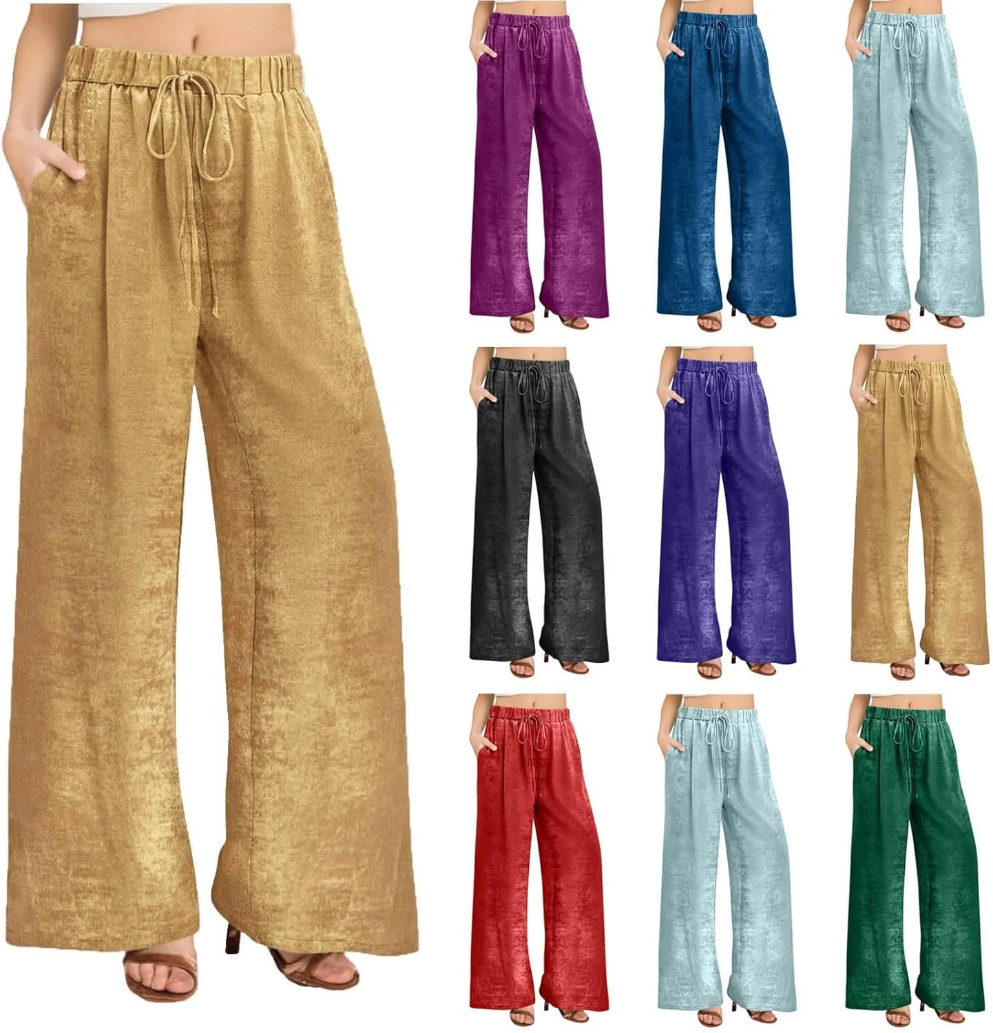 Womens Casual Velvet Palazzo Pants Summer Trendy Wide Leg Pants Elastic High Waist Drawstring Trousers with Pockets