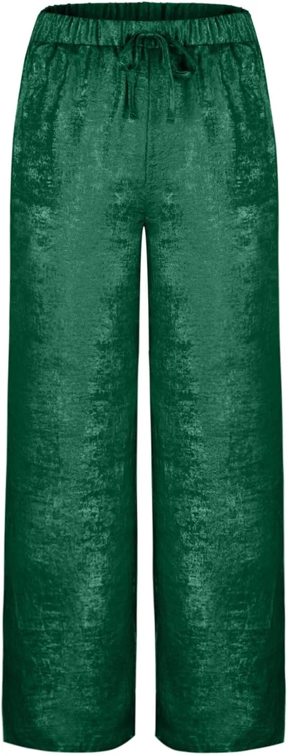 Womens Casual Velvet Palazzo Pants Summer Trendy Wide Leg Pants Elastic High Waist Drawstring Trousers with Pockets