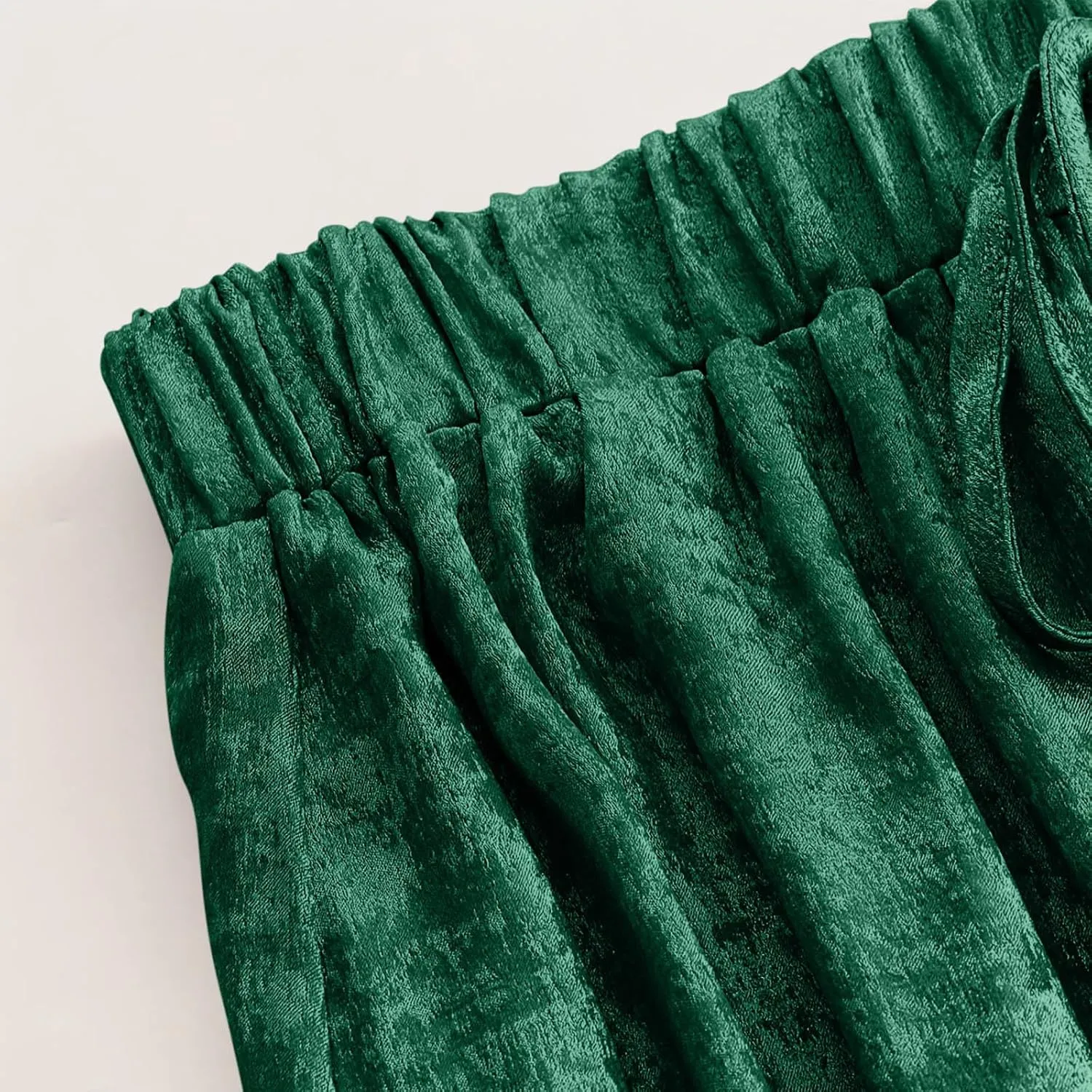 Womens Casual Velvet Palazzo Pants Summer Trendy Wide Leg Pants Elastic High Waist Drawstring Trousers with Pockets