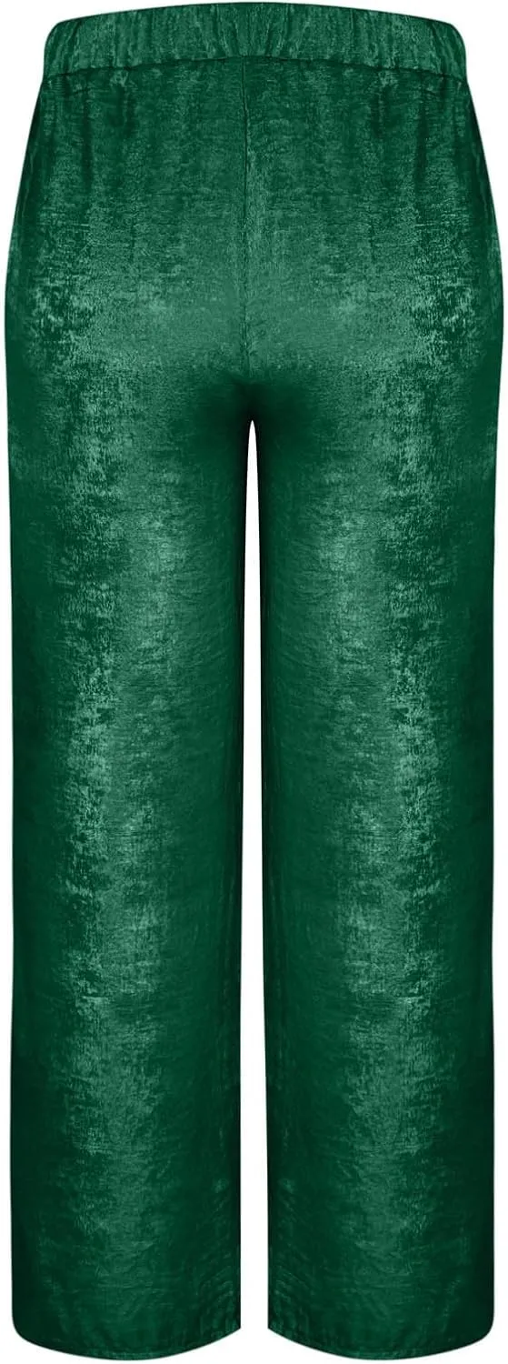 Womens Casual Velvet Palazzo Pants Summer Trendy Wide Leg Pants Elastic High Waist Drawstring Trousers with Pockets
