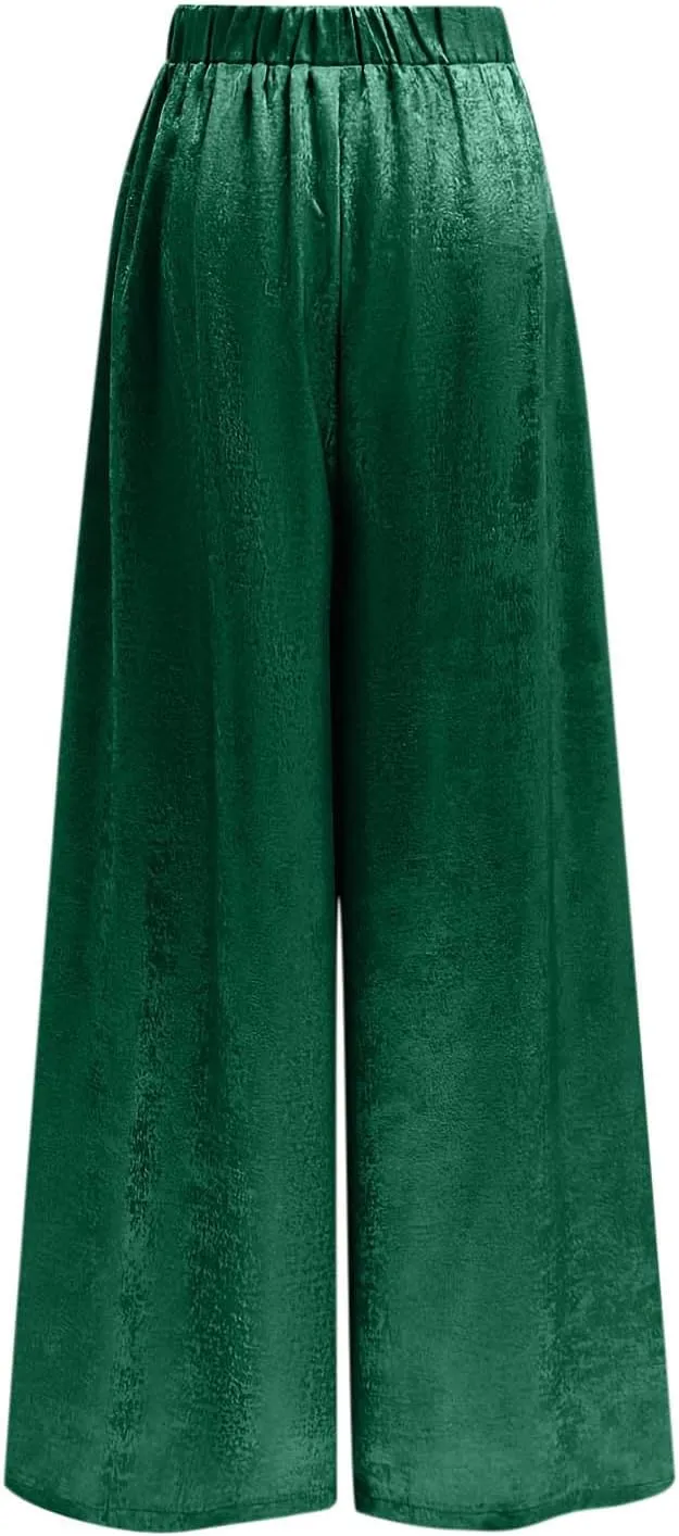 Womens Casual Velvet Palazzo Pants Summer Trendy Wide Leg Pants Elastic High Waist Drawstring Trousers with Pockets