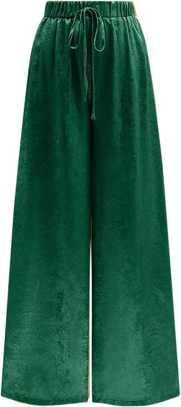 Womens Casual Velvet Palazzo Pants Summer Trendy Wide Leg Pants Elastic High Waist Drawstring Trousers with Pockets