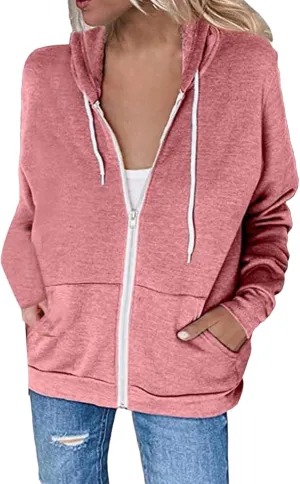 Women's Casual Zip Up Hoodie Drawstring Lightweight Sweatshirts Long Sleeve Coats Loose Solid Jackets with Pockets