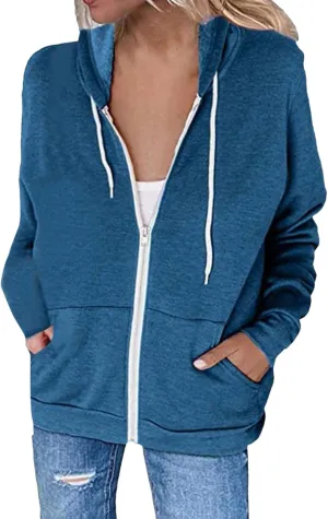 Women's Casual Zip Up Hoodie Drawstring Lightweight Sweatshirts Long Sleeve Coats Loose Solid Jackets with Pockets