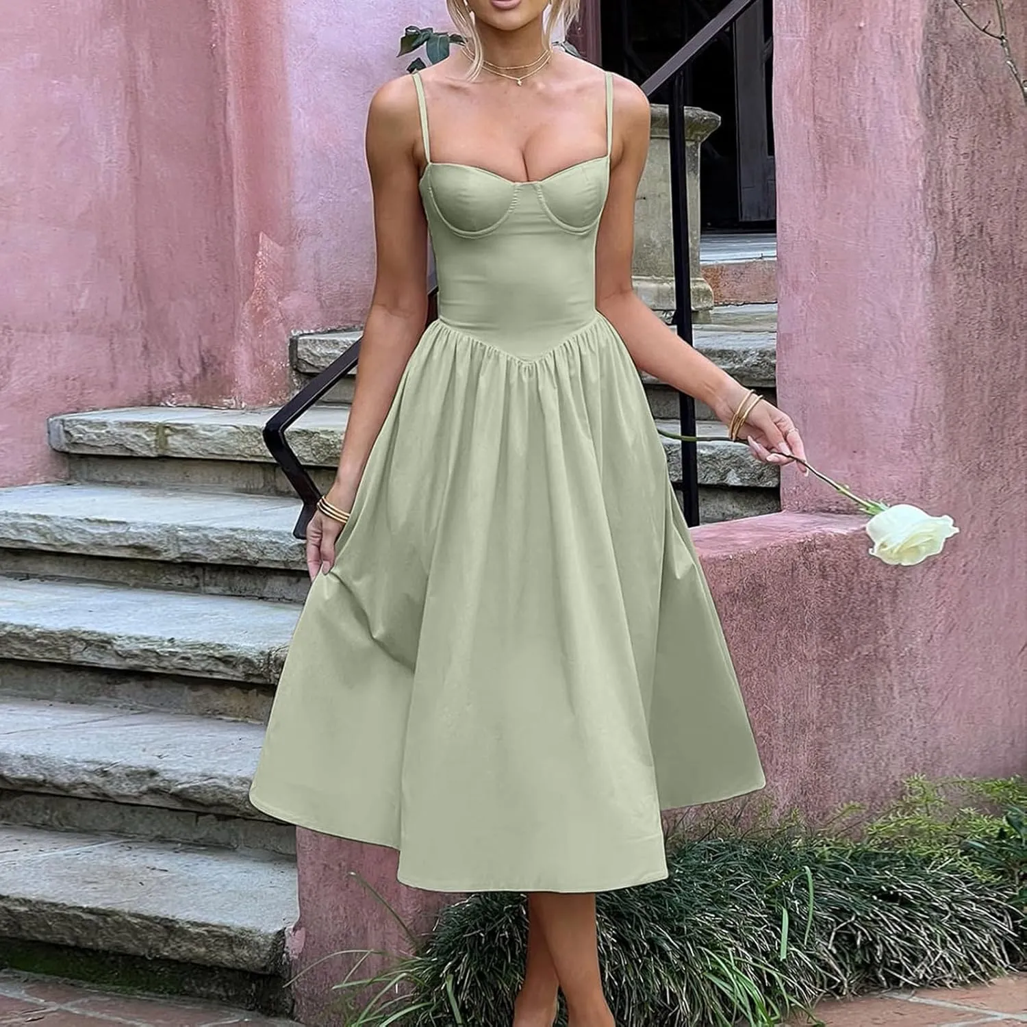 Womens Corset Dress Spaghetti Strap Bustier Midi Dress Sexy Partydress Flowy Pleated Hem Low Cut Prom Dresses