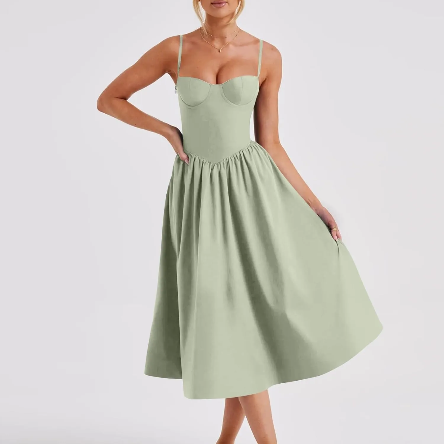 Womens Corset Dress Spaghetti Strap Bustier Midi Dress Sexy Partydress Flowy Pleated Hem Low Cut Prom Dresses