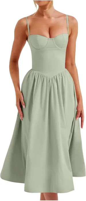 Womens Corset Dress Spaghetti Strap Bustier Midi Dress Sexy Partydress Flowy Pleated Hem Low Cut Prom Dresses