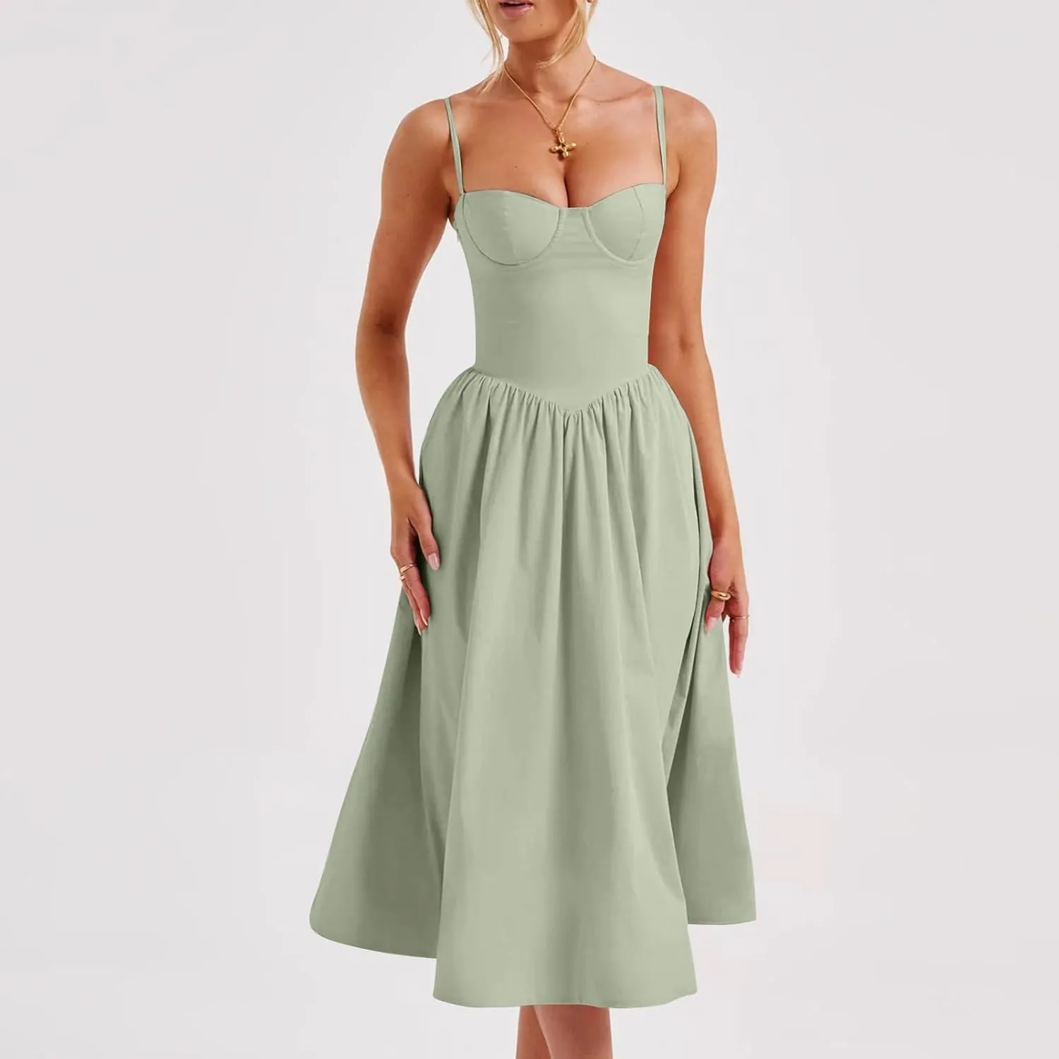 Womens Corset Dress Spaghetti Strap Bustier Midi Dress Sexy Partydress Flowy Pleated Hem Low Cut Prom Dresses