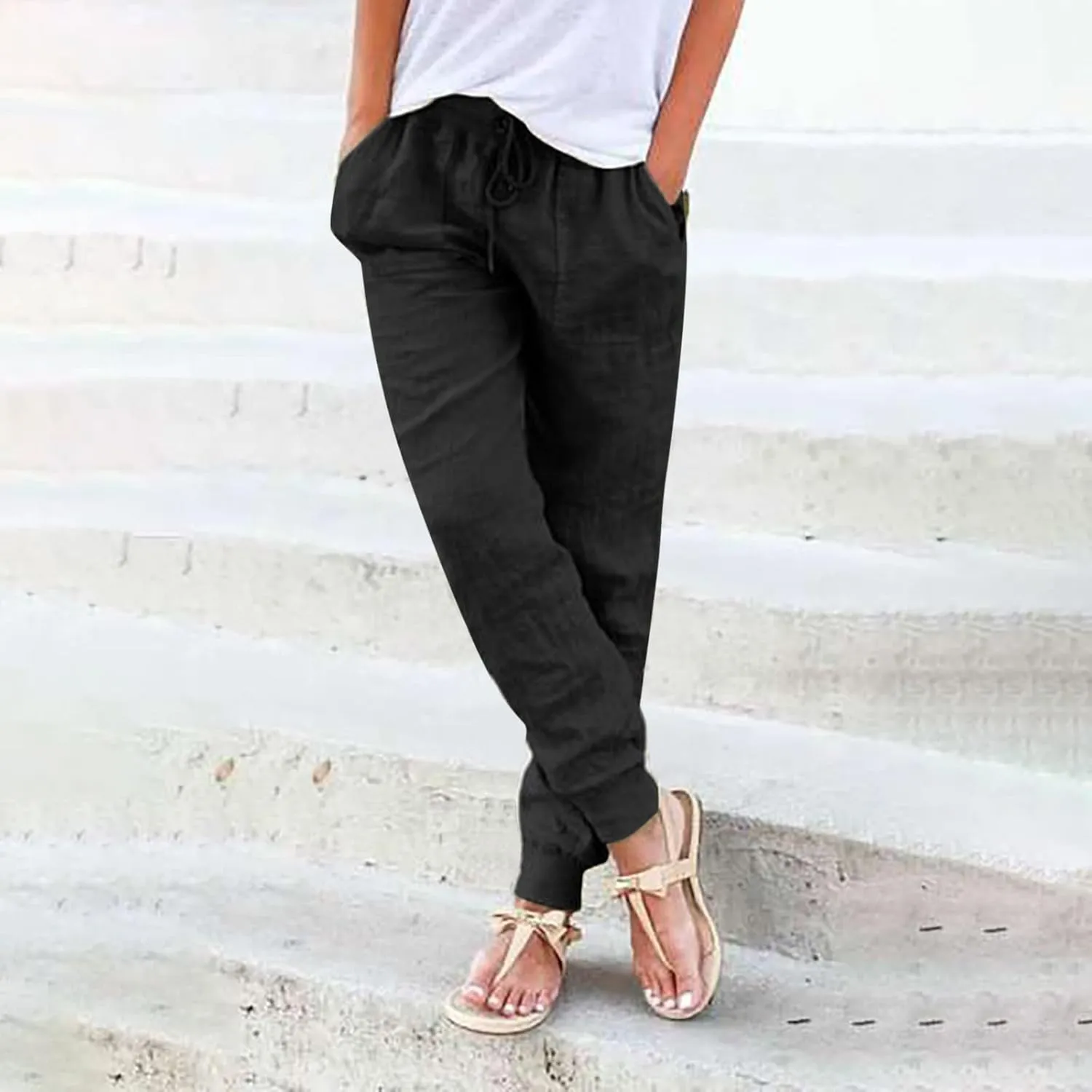 Womens Cotton Linen Jogger Pants Tapered Leg Summer Casual Back Elastic Waist Beach Pants Drawstring Trousers with Pockets
