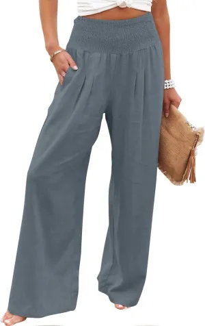 Women's Cotton Linen Pants Dressy Casual Elastic High Waist Drawstring Pants Wide Leg Lounge Yoga Trousers