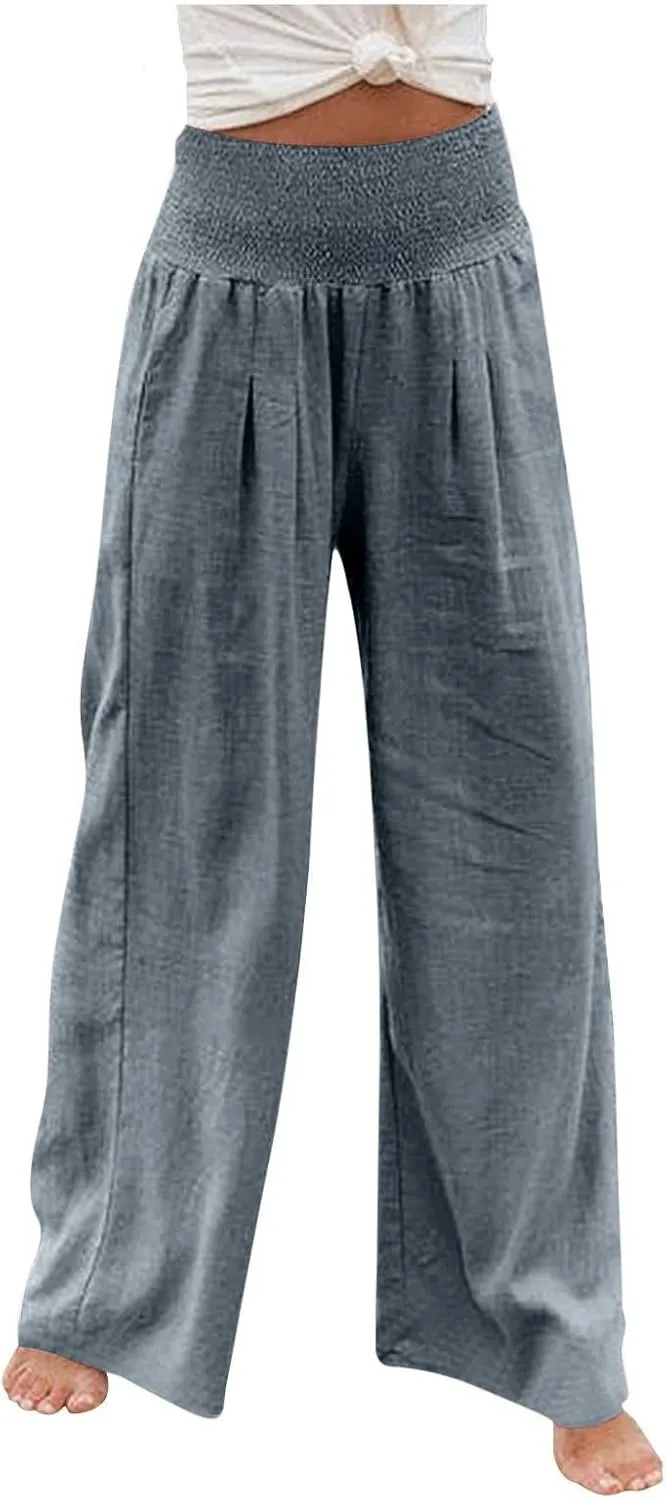 Women's Cotton Linen Pants Dressy Casual Elastic High Waist Drawstring Pants Wide Leg Lounge Yoga Trousers
