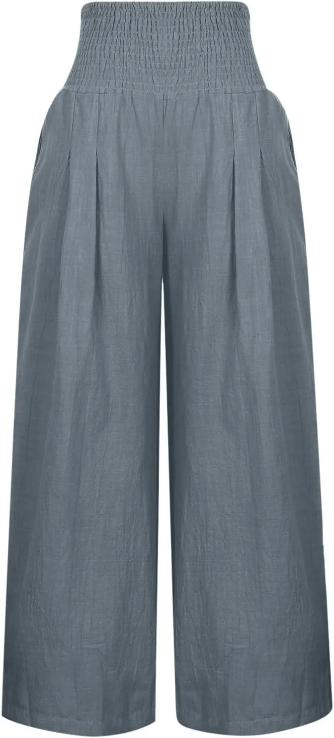 Women's Cotton Linen Pants Dressy Casual Elastic High Waist Drawstring Pants Wide Leg Lounge Yoga Trousers
