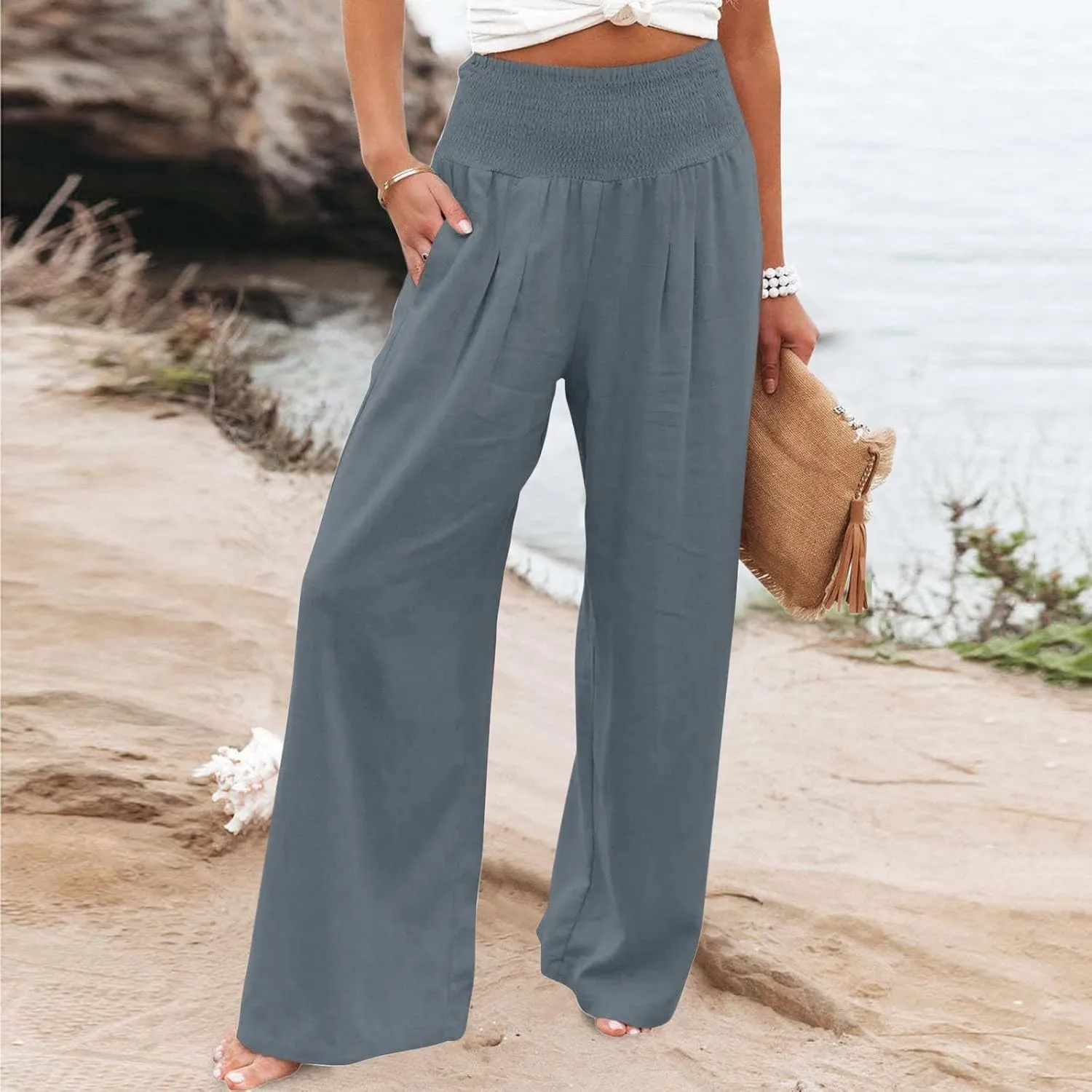 Women's Cotton Linen Pants Dressy Casual Elastic High Waist Drawstring Pants Wide Leg Lounge Yoga Trousers