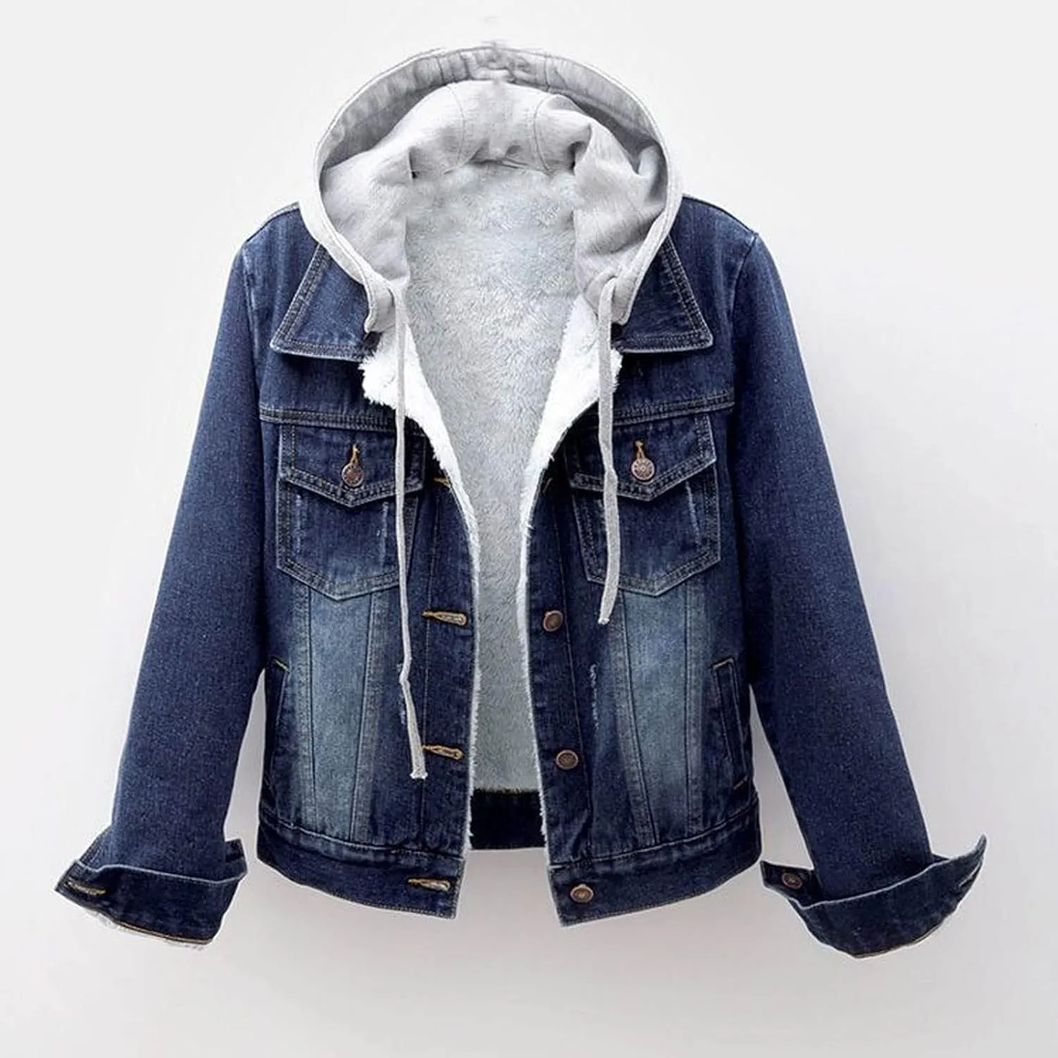 Womens Denim Jacket Sherpa Fleece Lined Jean Jacket Coats With Hood Oversized Fashion Hoodie Trucker Jacket Coat