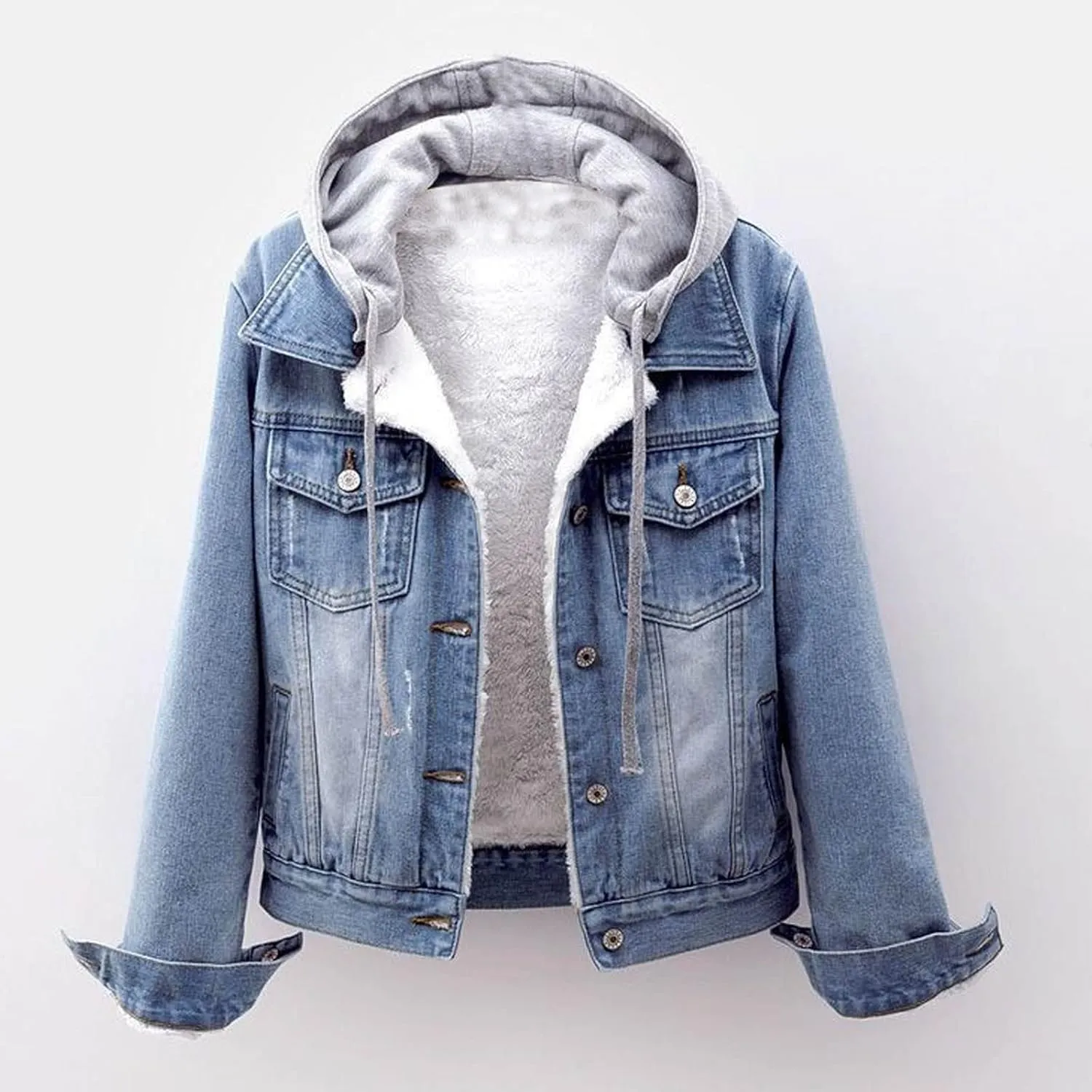 Womens Denim Jacket Sherpa Fleece Lined Jean Jacket Coats With Hood Oversized Fashion Hoodie Trucker Jacket Coat