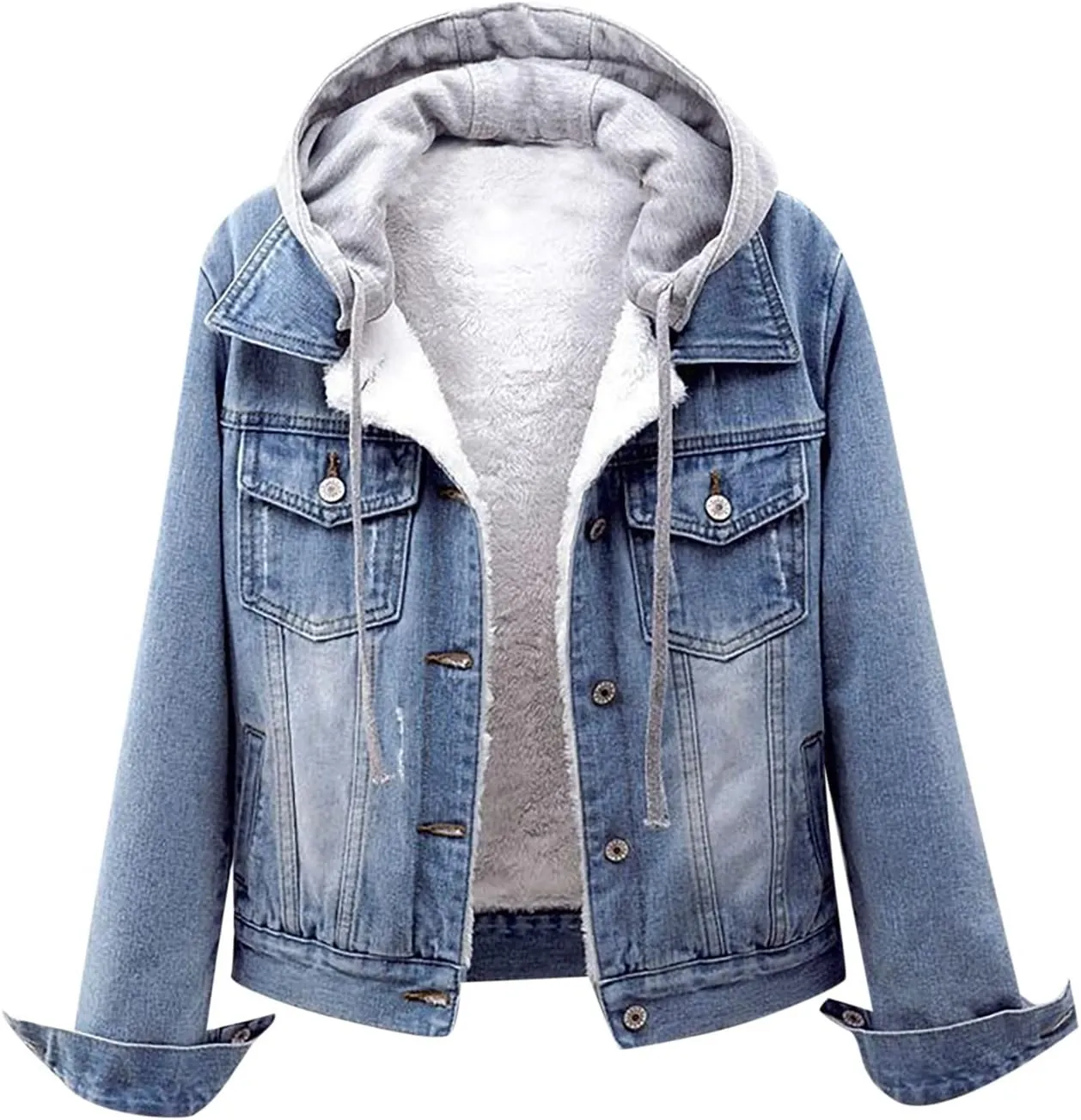 Womens Denim Jacket Sherpa Fleece Lined Jean Jacket Coats With Hood Oversized Fashion Hoodie Trucker Jacket Coat