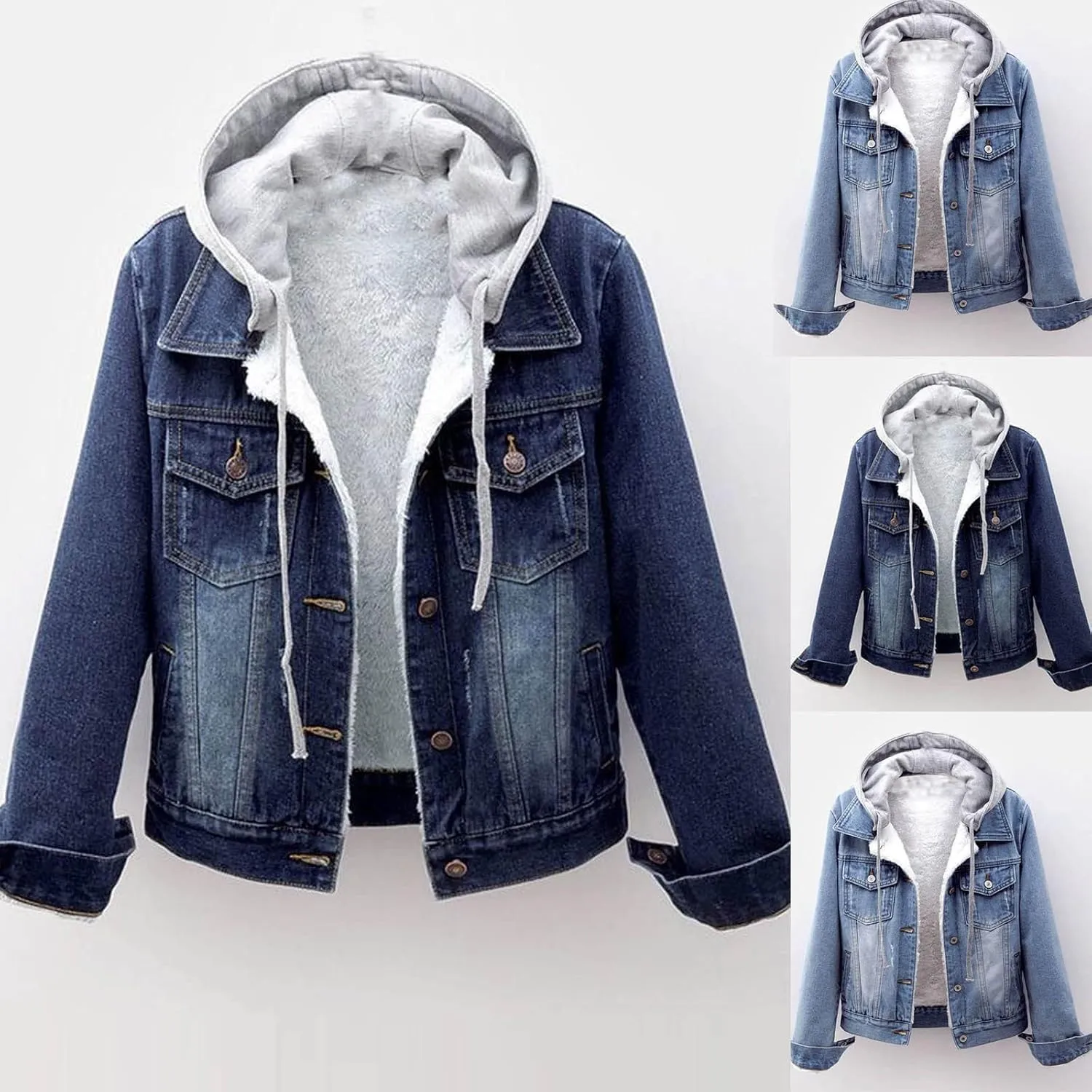 Womens Denim Jacket Sherpa Fleece Lined Jean Jacket Coats With Hood Oversized Fashion Hoodie Trucker Jacket Coat